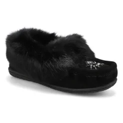 Womens Cute 5 Rabbit Fur Moccasin - Black