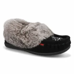Womens Cute 5 Rabbit Fur Moccasin - Black Grey