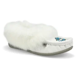 Womens Cute 5 Leather Rabbit Fur Moccasin - White