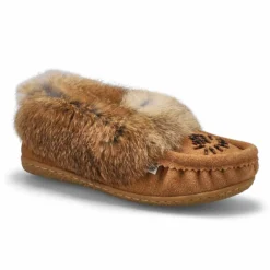 Womens Cute 5 Rabbit Fur Moccasin - Mocha