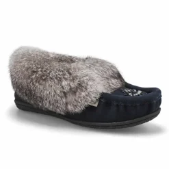 Womens Cute 5 Rabbit Fur Moccasin - Navy