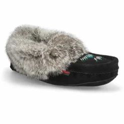 Womens SF600-BL Rabbit Fur Moccasin - Black/Grey